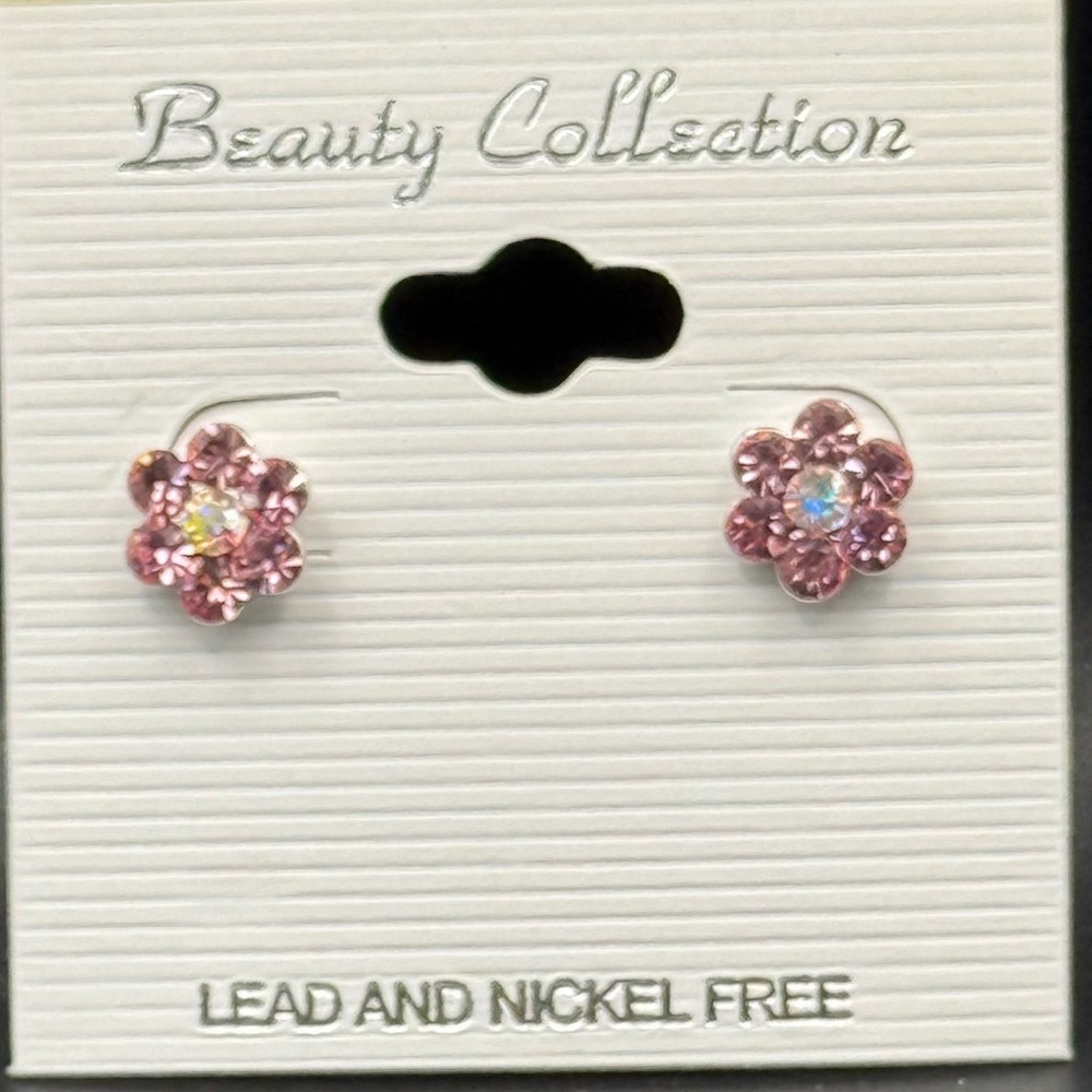 Beauty‎ Collection Kids Pink Rhinestone Flower Stud Earrings Lead Nickel Free